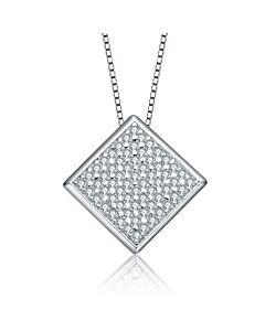 Megan Walford Sterling Silver Round Cubic Zirconia Square Pendant Necklace