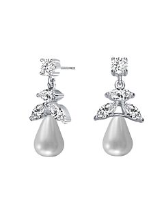 Megan Walford Sterling Silver Round Pearl with Marquise and Round Cubic Zirconia Drop Earrings