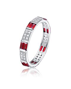 Megan Walford Sterling Silver Round with Red Baguette Cubic Zirconia Two Row Eternity Ring