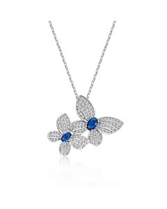 Megan Walford Sterling Silver White Gold Plated Blue Sapphire & Cubic Zirconia Double Fluttering Butterfly Pendant Necklace