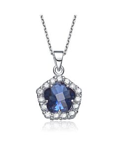 Megan Walford Sterling Silver White Gold Plated Sapphire Cubic Zirconia Flower Shape Drop Pendant Necklace