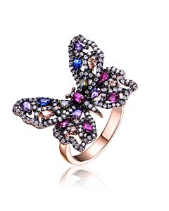 Megan Walford Sterling Silver with Black and Rose Gold Plated Multi Color Cubic Zirconia Butterfly Ring