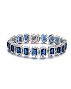 Megan Walford Sterling Silver with Blue Sapphire & Diamond Cubic Zirconia Rectangular Halo Cluster Link Vintage Tennis Bracelet