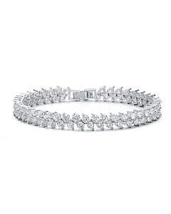 Megan Walford Sterling Silver with Diamond Cubic Zirconia 2-Stone Cluster Link Tennis Bracelet
