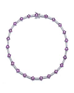 Megan Walford Sterling Silver with Ruby & Diamond Cubic Zirconia Flower Cluster Bar Link Tennis Necklace