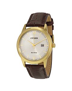 Men's Dress Brown Leather Ivory White Dial