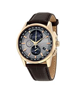 Men's Eco-Drive World Chronograph Brown Leather Grey Dial