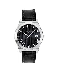 Men's Gancini Leather Black Dial Watch