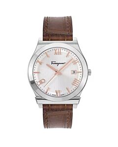 Men's Gancini Leather Silver Dial Watch
