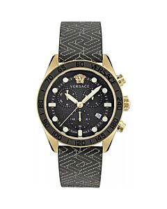 Men's Greca Dome Chronograph Leather Black Dial Watch