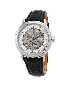 Men's Maestro Leather Silver Galvanic (Skeleton Center) Dial Watch