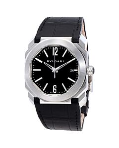 Men's Octo Solotempo Leather Black Lacquered Polished Dial