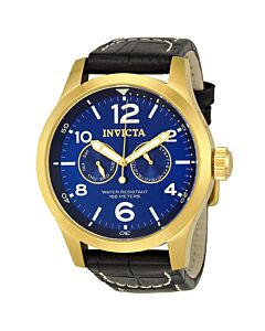 Men's Specialty Black Genuine Leather Blue Dial Gold-Tone Case