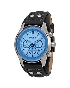 Men's Sport Cuff Chronograph (Calfskin) Leather Cuff Silver (Blue Crystal) Dial Watch