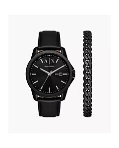 Men's Three Hand Day-Date Leather Black Dial Watch