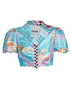 Moschino All-Over Diner Menu Print Cropped Silk Blouse
