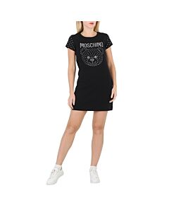 Moschino Black Stretch-Cotton Teddy Crystal T-Shirt Dress, Brand Size 36 (US Size 2)