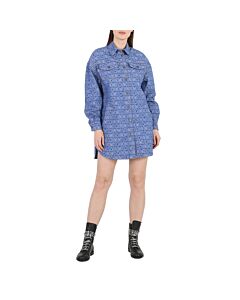 Moschino Fantasy Print Blue All-Over Logo Long-Sleeve Denim Shirt Dress