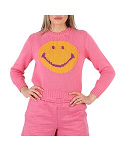 Moschino Fantasy Print Fucsia Smiley Logo Intarsia Sweater