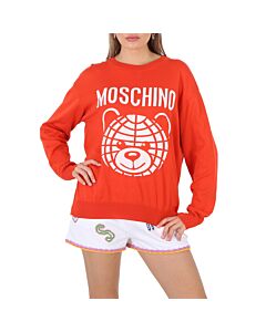 Moschino Fantasy Print Red Teddy Logo Intarsia-Knit Cotton Sweater