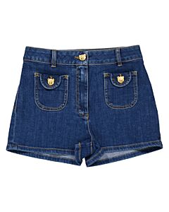 Moschino Ladies Blue Teddy Button Denim Shorts, Brand Size 38 (US Size 4)