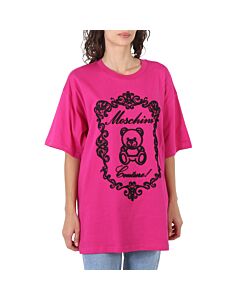 Moschino Ladies Fantasy Print Violet Embroidered Teddy Logo T-Shirt