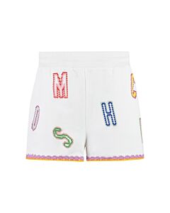 Moschino Ladies Fantasy Print White Logo-Embroidered Lace-Trim Shorts