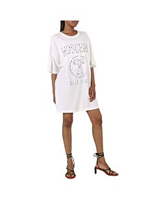 Moschino Ladies White Cotton Crystal Logo Shirt Dress