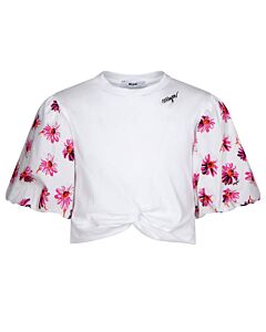 MSGM Girls Bianco Floral Ruffle Sleeve Logo Cotton Shirt, Size 10