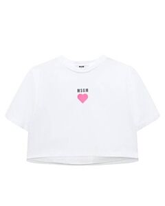 MSGM Girls Bianco Heart Logo Print T-Shirt