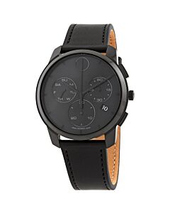 Men's Bold Thin Chronograph Leather Black Dial Watch