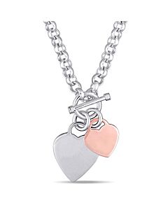 AMOUR Oval Link Necklace with Double Heart Charm and Toggle Clasp In 2-Tone Rose and White Sterling Silver