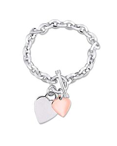 AMOUR Oval Link Bracelet with Double Heart Charm and Toggle Clasp In 2-Tone Rose and White Sterling Silver