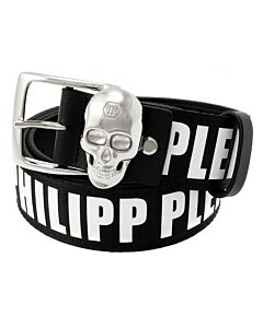 Philipp Plein Black Leather Logo Print Skull Belt