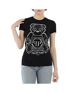 Philipp Plein Ladies Black Sketched Teddy Bear Cotton Jersey T-shirt