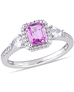 Pink 3 Stone Halo Engagement Ring