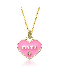 Rachel Glauber 14k Yellow Gold Plated with Cubic Zirconia MAMA Pink Enamel Heart Pendant Layering Necklace