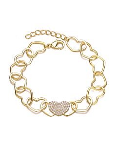 Rachel Glauber 14k Yellow Gold Plated with Cubic Zirconia Pave Heart Charm Link Chain Bracelet - Adjustable w/ Extension Chain