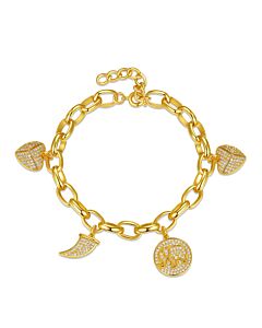 Rachel Glauber 14k Yellow Gold Plated with Cubic Zirconia Tusk, Elephant & Heart Dangle Charm Adjustable Bracelet