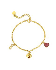 Rachel Glauber 14k Yellow Gold Plated with Ruby & Cubic Zirconia Heart, Cowbell, and Infinity Dangle Charm Bracelet w/ Adjustable Chain