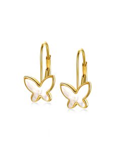 Rachel Glauber 14k Yellow Gold with Mother of Pearl Butterfly Inlay Dangle Drop Leverback Earrings