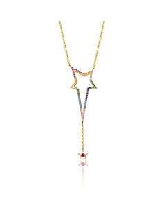 Rachel Glauber Sterling Silver 14K Gold Plated Multi Color Cubic Zirconia Spring Ring Star Necklace