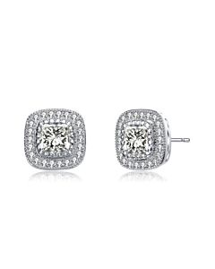 Rachel Glauber White Gold Plated with Cubic Zirconia Cushion Halo Cluster Milgrain Stud Earrings