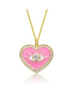 Rachel Glauber Young Adults/Teens 14k Yellow Gold Plated with Cubic Zirconia Pink Enamel Heart Evil Eye Pendant Necklace