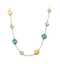 Riccova Arctic Mist 14K Gold Plated Brushed Circle Nuggets & Alternating Blue Topaz Stone & Clear Cubic Zirconia'S On 36" Chain Necklace/ Brass