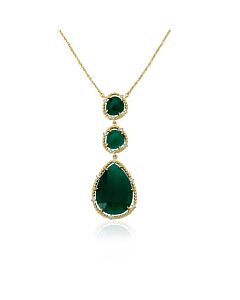 Riccova Gem Stone by Riccova 14K Gold Plated Cubic Zirconia Trimmed Precious Green Agate Triple Drop Pendant Chain Necklace/ Brass 16" + 2"