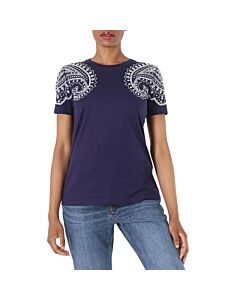 Roberto Cavalli Ladies Indigo Bandana Crystal-Embellished Cotton T-shirt, Brand Size 42 (US Size 8)