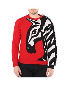 Roberto Cavalli Men's Red / Black / White Chimera Fringed Sweater