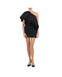 Rotate Ladies Black Taft Pleated One-Shoulder Mini Dress