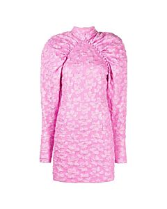 Rotate Ladies Fuchsia Pink Floral Jaquard Puff-Sleeve Dress